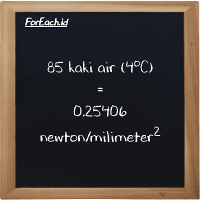 85 kaki air (4<sup>o</sup>C) setara dengan 0.25406 newton/milimeter<sup>2</sup> (85 ftH2O setara dengan 0.25406 N/mm<sup>2</sup>)